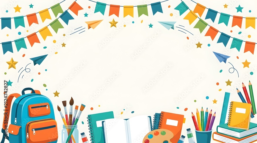 Obraz premium Colorful back to school background with school supplies and festive bunting flags for educational design projects