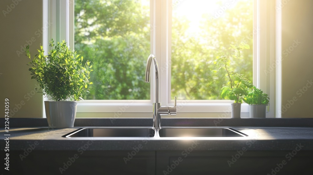 Fototapeta premium Kitchen sink with potted plants and window view