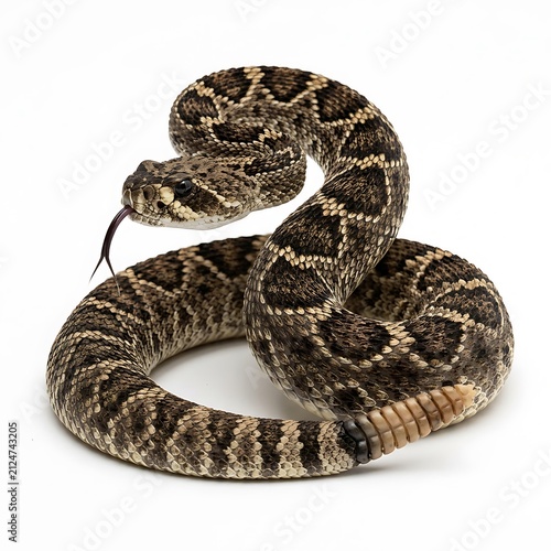 Coiled rattlesnake with tongue out. Dangerous venomous viper isolated on white background.