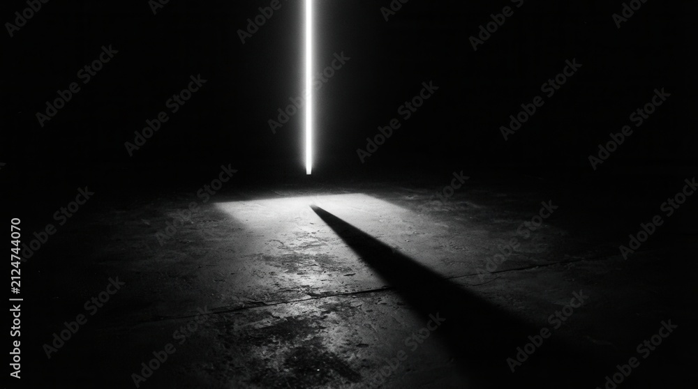 Fototapeta premium Black white photograph long straight light Bright beam of streaming through open doorway into dark