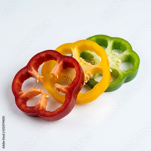 Sliced bell peppers on white background. Fresh red, yellow and green pepper rings.