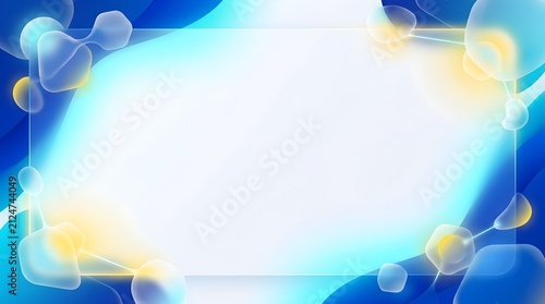 Abstract background with glowing blue and yellow liquid shapes and a central empty frame for text