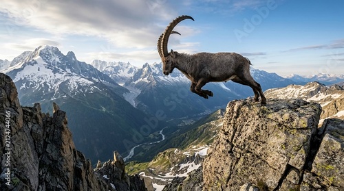 Male Alpine ibex with large curved horns jumping across a steep rocky cliff gap in the French Alps with snow-capped mountain peaks and a river valley in the background under a blue sky.