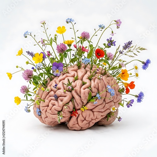 Human brain with blooming wildflowers. Mental health concept with floral growth and nature.