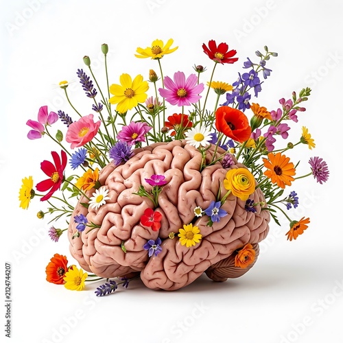 Human brain blooming with colorful wildflowers. Mental health concept with floral growth.