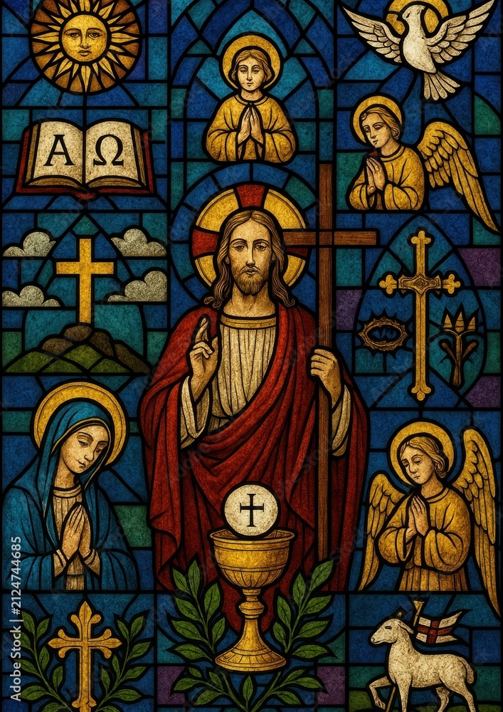 Obraz premium Colorful stained glass religious artwork.