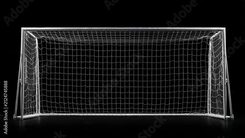 A standard empty soccer goal with net on a dark black background football competition athletic equipment training exercise professional isolated