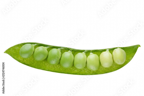 Foto Fresh Green Pea Pod with Row of Eight Sweet Peas