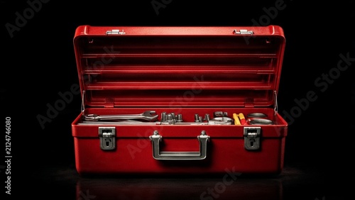 Open red metal tool box filled with various hand tools isolated on a solid black background equipment maintenance hardware mechanic construction