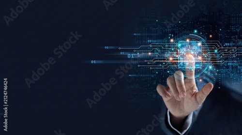 Futuristic digital interface, hand touching holographic screen with circuit patterns and binary code, advanced technology for innovation, cybersecurity, data analysis