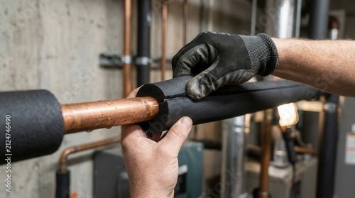 Hands applying black foam insulation around a horizontal copper pipe