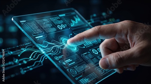 Close up of finger touching futuristic transparent digital interface with glowing blue data visualizations, representing advanced human computer interaction, cybersecurity