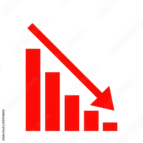 Red bar chart icon with a downward trend arrow isolated on transparent background