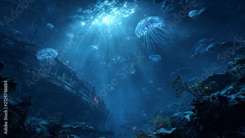 Bioluminescent jellyfish swimming in deep dark ocean waters with sea life jellyfish underwater bioluminescent creature wildlife ethereal tentacles