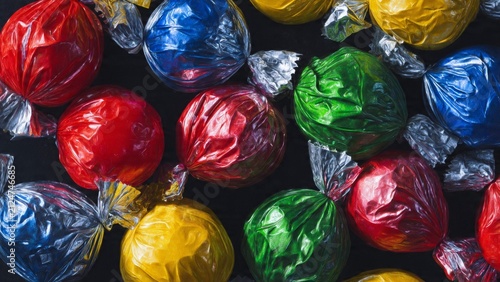 Top view of assorted colorful chocolate candies wrapped in metallic foil on a dark surface with wrapped candy dark background chocolate colorful