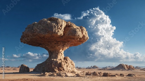 Natural sandstone mushroom rock formation in desert landscape under dramatic blue sky with landscape formation sandstone environment wilderness