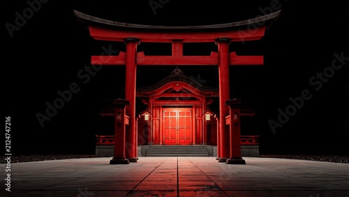 Illuminated traditional japanese torii gate entrance at night glowing against dark background with religion tradition entrance spiritual oriental