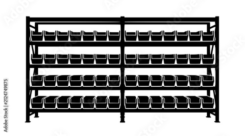 Silhouette of industrial workshop storage rack with multiple bins