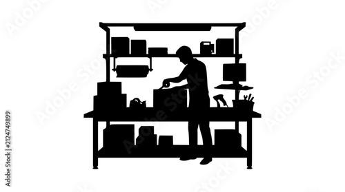 Silhouette of Warehouse Worker Packing Boxes at Shipping Station