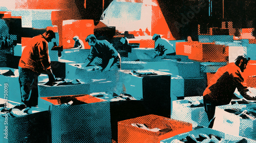 Riso Print Illustration of Fish Market Workers at Dawn.