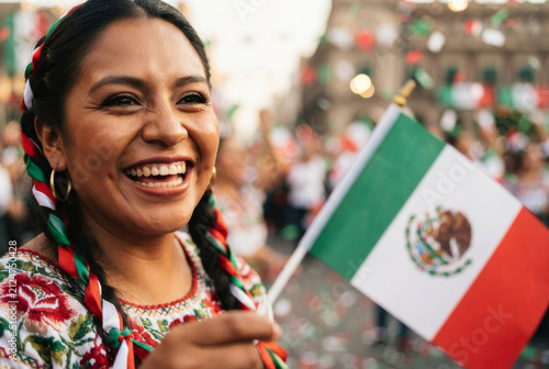 Mexican woman smiling and holding national flag during Independence Day street celebration.