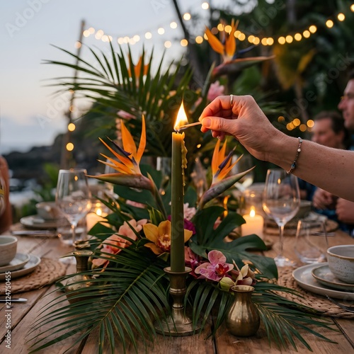 Close-up photograph of a hand lighting a taper candle on a tropical festive table at dusk with warm glowing ambiance. Holiday lifestyle concept