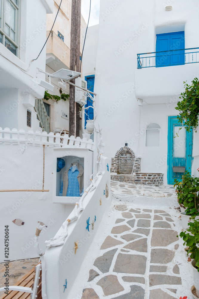 Fototapeta premium Charming narrow street in Naxos, Greece with whitewashed buildings and blue accents