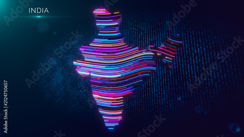 Bild auf Leinwand Futuristic digital artwork of a colorful extruded India map with glowing wavy lines, abstract technology background, dot grid, cinematic lighting, and India title text
