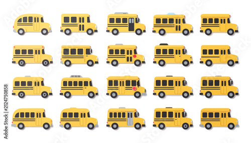 Yellow School Bus Paper Cut Vector Set with Vehicles Side View and Stop Sign