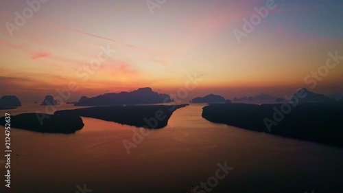 Colorful sunset or sunrise above the sea surface,Aerial view drone fly over open sea,Reflected sun beautiful light of nature on water surface,Sunset over ocean,Sea summer and travel vacation concept