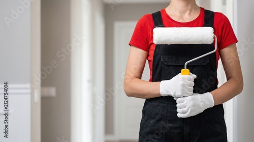 Female house painter holding a paint roller while standing indoors before renovation. Home improvement, interior painting, remodeling, decorating and professional contractor concept