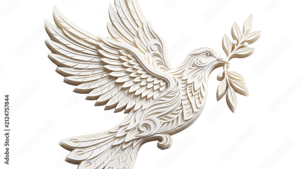 Fototapeta premium Intricate white dove carving with olive branch, ornate peace bird sculpture, elegant ivory relief of flying pigeon for religious and spiritual concepts isolated PNG with Transparent Background