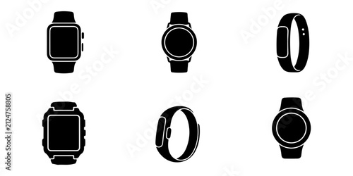 Smartwatch Silhouette Icons Set with Wearable Technology Smart Watch Fitness Tracker and Digital Device Vector Collection