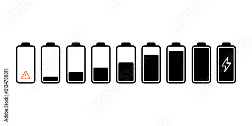 Battery Status Silhouette Icons Set with Low Battery Charging Power Level Energy and Mobile Device Vector Collection