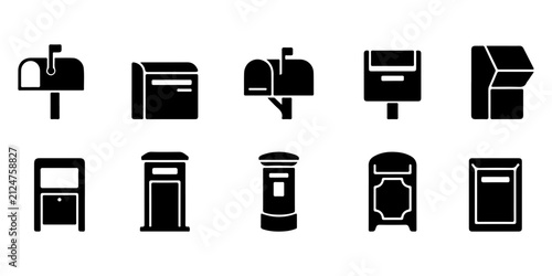 Mailbox Silhouette Icons Set with Post Box Mail Delivery Postal Service and Letter Collection Vector Collection