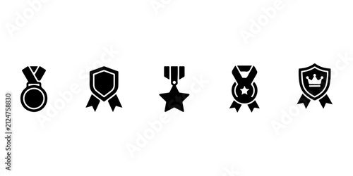 Award Medal Silhouette Icons Set with Achievement Badge Winner Ribbon and Trophy Vector Collection