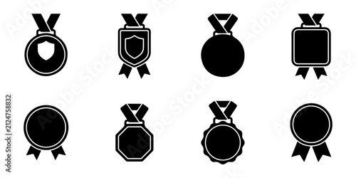 Award Medal Silhouette Icons Set with Achievement Badge Winner Ribbon and Trophy Vector Collection