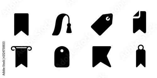 Bookmark and Tag Silhouette Icons Set with Label Ribbon Marker Price Tag and UI Navigation Vector Collection