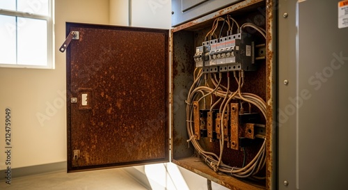 Open electrical panel with rust showing wiring and circuit breakers in commercial space. Electrical panel is important for managing electrical systems and safety within buildings.
