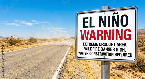 El Niño Warning Road Sign on Sun-Scorched Desert Highway Under Clear Blue Sky. Extreme Drought Environmental Awareness Concept Photography in Arid Highway Landscape.