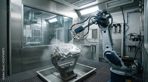 Industrial robot arm painting a car part in a modern factory.