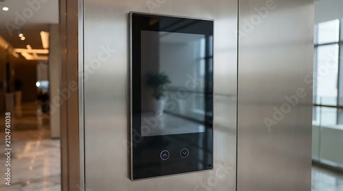 Modern stainless steel elevator interior with digital display panel.