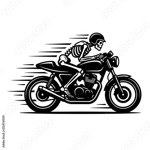 Black and white illustration of a skeleton riding a fast cafe racer motorcycle with motion speed lines