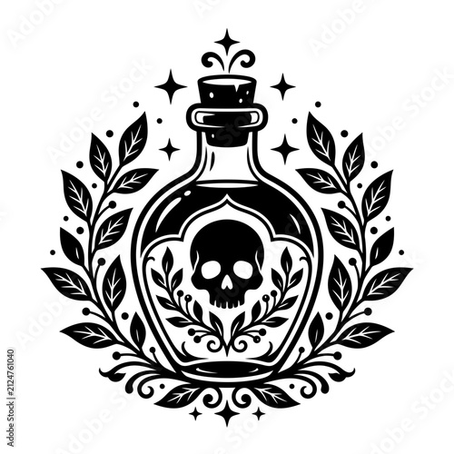 Black and white illustration of a poison bottle with a skull surrounded by decorative floral laurel leaves