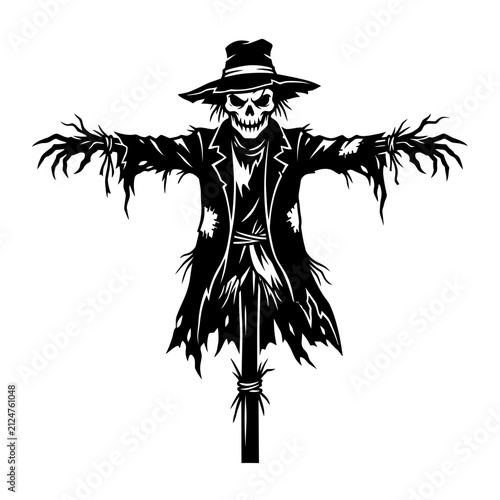 Black and white illustration of a spooky evil scarecrow with a skull face for halloween design projects