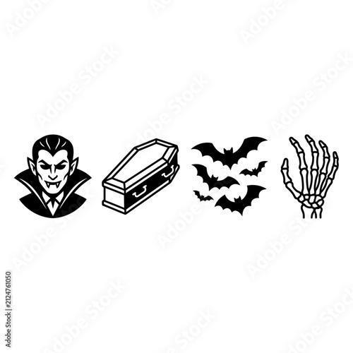 Set of black and white halloween icons featuring a vampire coffin bats and a skeleton hand