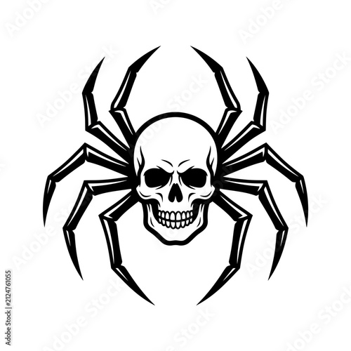 Black and white illustration of a spider with a human skull head for a dark tattoo design