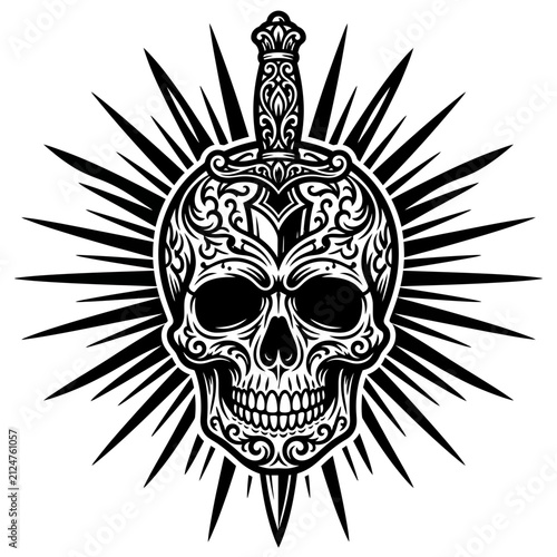Ornate sugar skull illustration with a dagger piercing through the head and a sunburst background design element