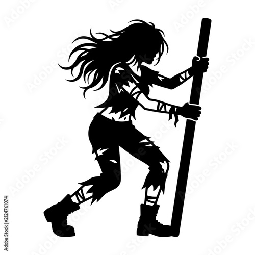 Silhouette of a disheveled woman with long hair holding a tall wooden staff in a dynamic pose