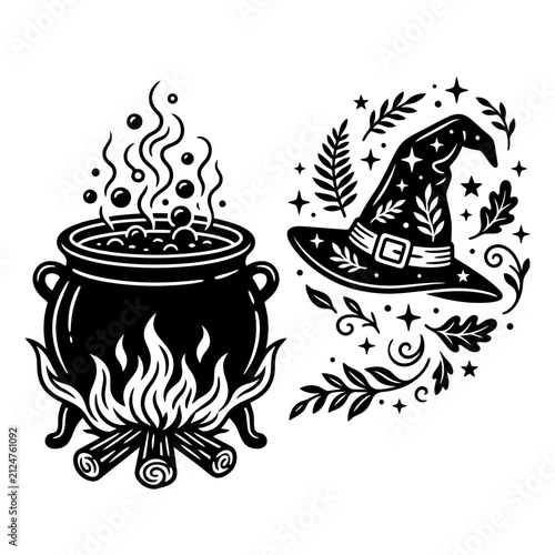 Black and white illustration of a bubbling witch cauldron over a fire with a decorative witch hat